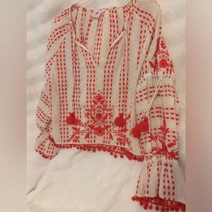 Tessora 3/4 sleeve Embroidered Top, Med, GUC, TTS, beautiful orange and cream